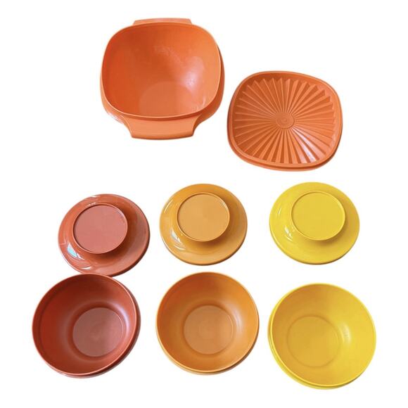 VTG Tupperware Bowls (4) Seal N Serve Harvest Colors 1436 + Orange Kitchen + Lid - Picture 1 of 8